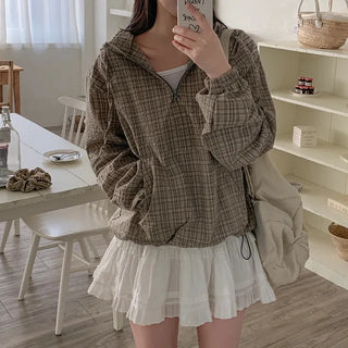 Checkered Anorak Loose Hooded Parka