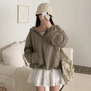 Checkered Anorak Loose Hooded Parka