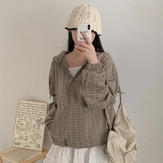 Checkered Anorak Loose Hooded Parka