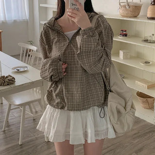 Checkered Anorak Loose Hooded Parka