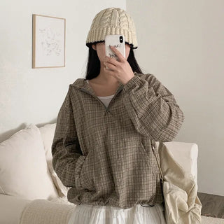 Checkered Anorak Loose Hooded Parka