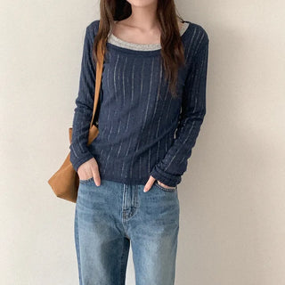 Linen U-neck long-sleeved T-shirt