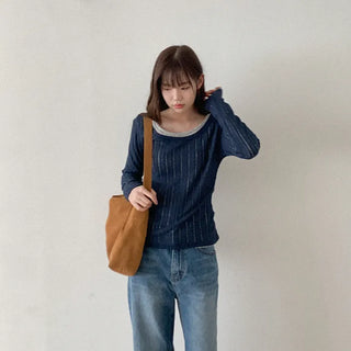 Linen U-neck long-sleeved T-shirt