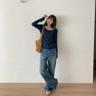Linen U-neck long-sleeved T-shirt