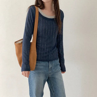Linen U-neck long-sleeved T-shirt