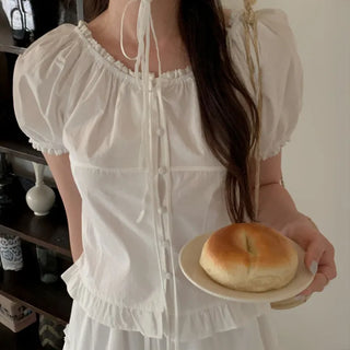 Ribbon lace shirred puff sleeve short blouse