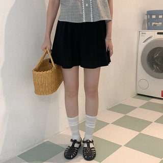 Linen elastic waist half pants