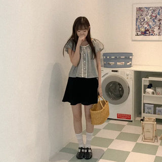 Linen elastic waist half pants
