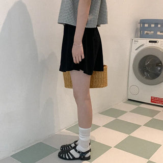 Linen elastic waist half pants