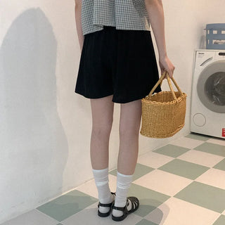 Linen elastic waist half pants