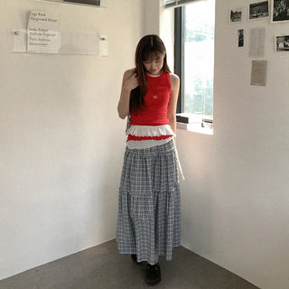 Checked tiered long skirt