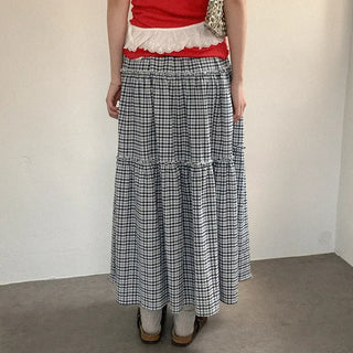 Checked tiered long skirt