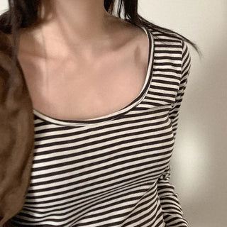 Striped U-neck long-sleeved T-shirt