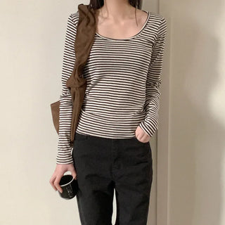 Striped U-neck long-sleeved T-shirt