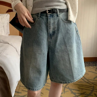 5/8 length wide wash denim shorts