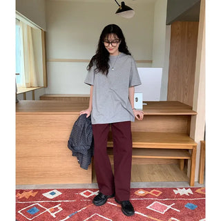 High-waisted semi-wide cotton pants