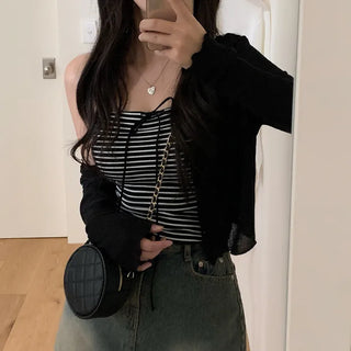 [With built-in cups] Layered ribbed stripe sleeveless top