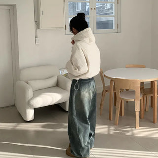 Fleece-lined wide-leg denim balloon pants