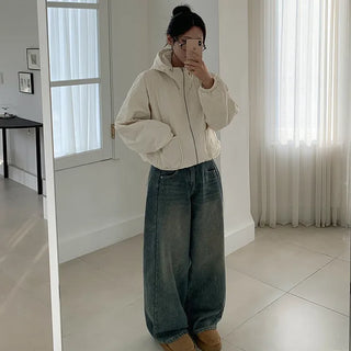 Fleece-lined wide-leg denim balloon pants
