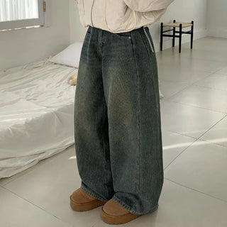 Fleece-lined wide-leg denim balloon pants
