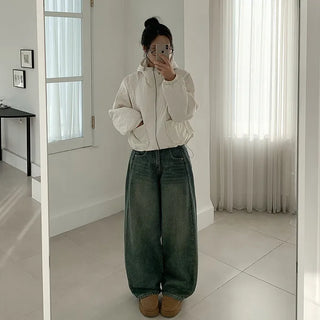 Fleece-lined wide-leg denim balloon pants