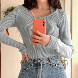 Ribbed halter button knit