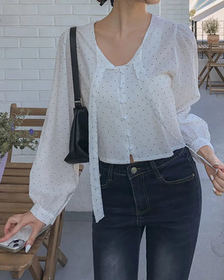 Polka Dot Cropped Long-Sleeve Blouse
