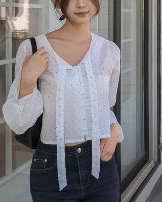Polka Dot Cropped Long-Sleeve Blouse