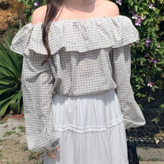 Checked frill loose fit off-shoulder blouse