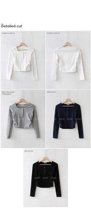 Shirred Button Long-Sleeve T-Shirt