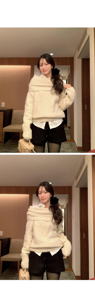 (3 colors) Wool Off-Shoulder Knit