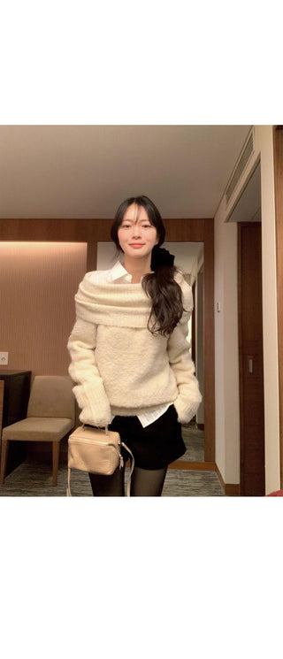 (3 colors) Wool Off-Shoulder Knit