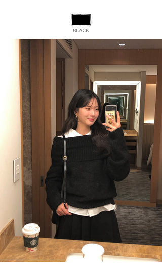 (3 colors) Wool Off-Shoulder Knit