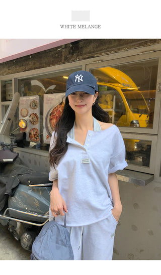 [2 colors] One-shoulder button T-shirt