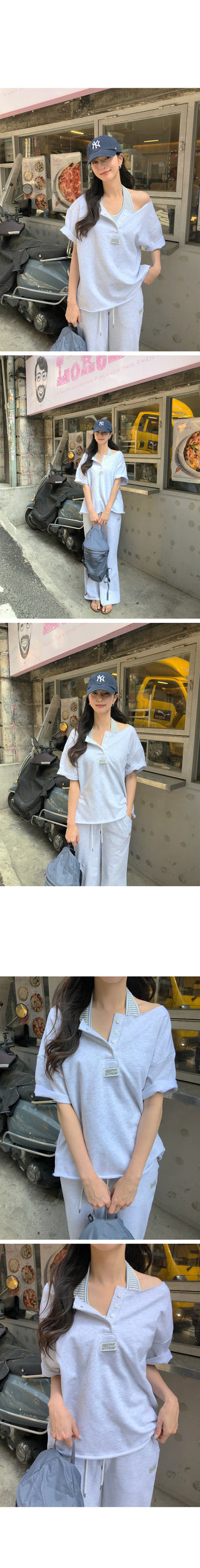 [2 colors] One-shoulder button T-shirt