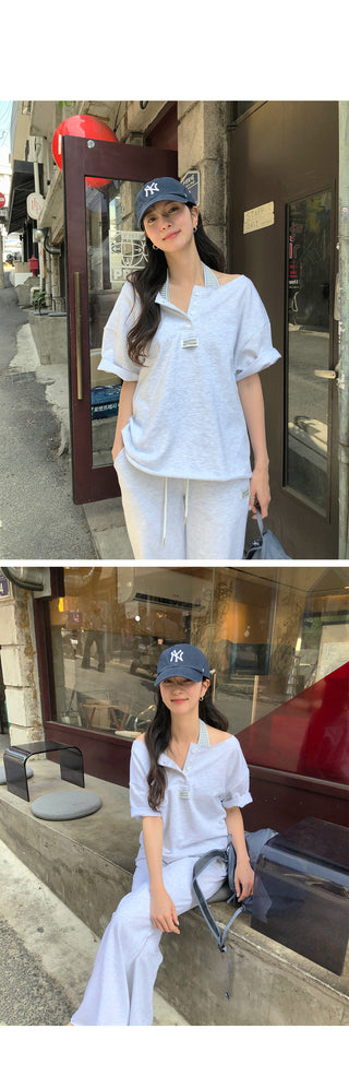 [2 colors] One-shoulder button T-shirt