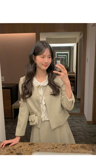 (3 colors) Collarless Tweed Jacket