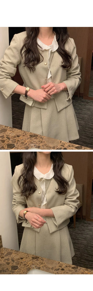 (3 colors) Collarless Tweed Jacket