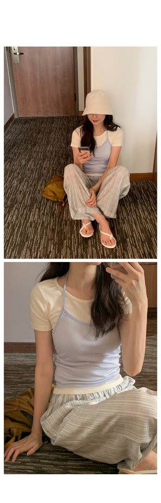 Two-tone basic wrinkle pants