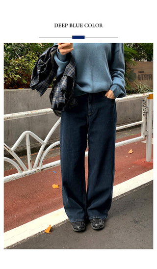 Fleece-lined wide-leg denim pants