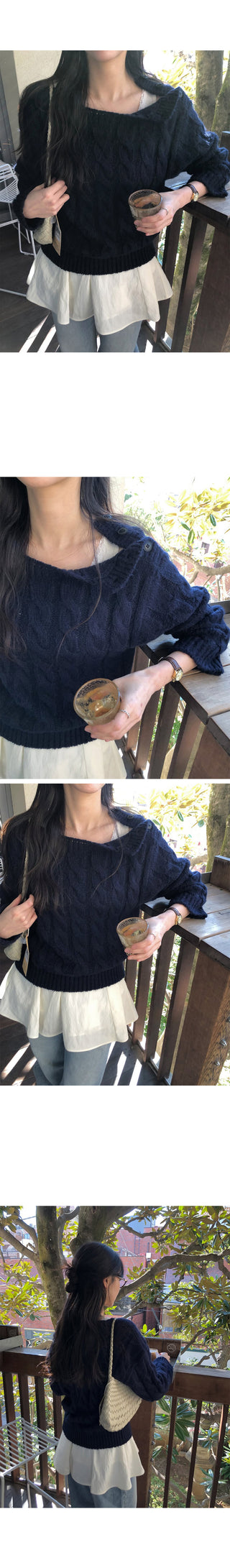 (3 colors) Boat neck button knit