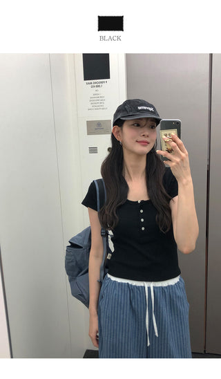 [4 colors] Waffle Burton Crop T-shirt
