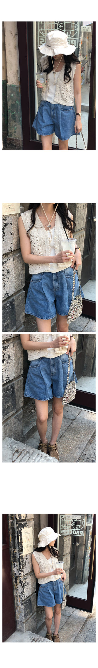 Pleated denim shorts