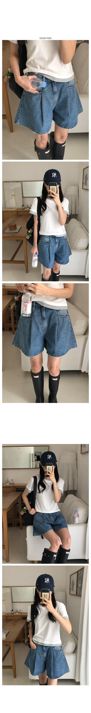 Pleated denim shorts
