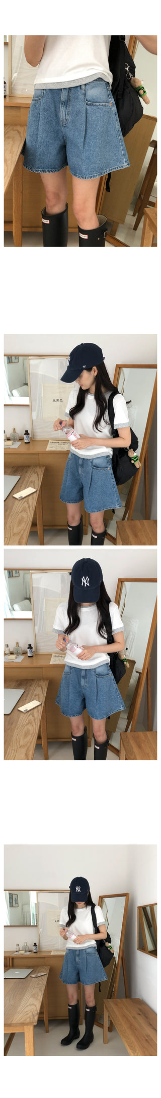 Pleated denim shorts