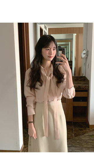 (3 colors) Basic Tie Blouse