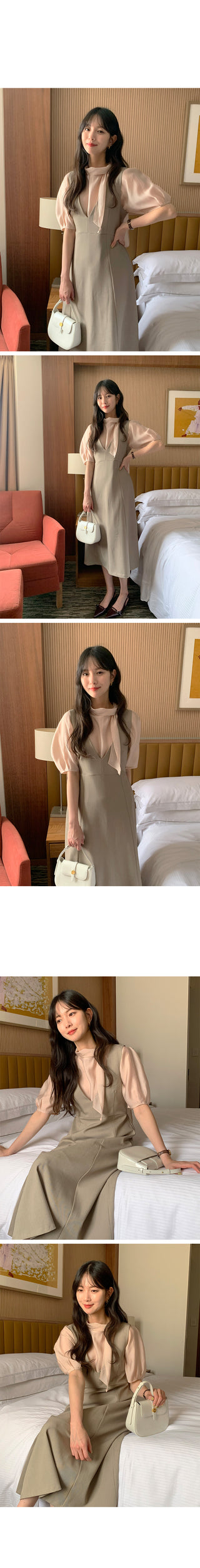 Short-sleeved blouse with puff tie