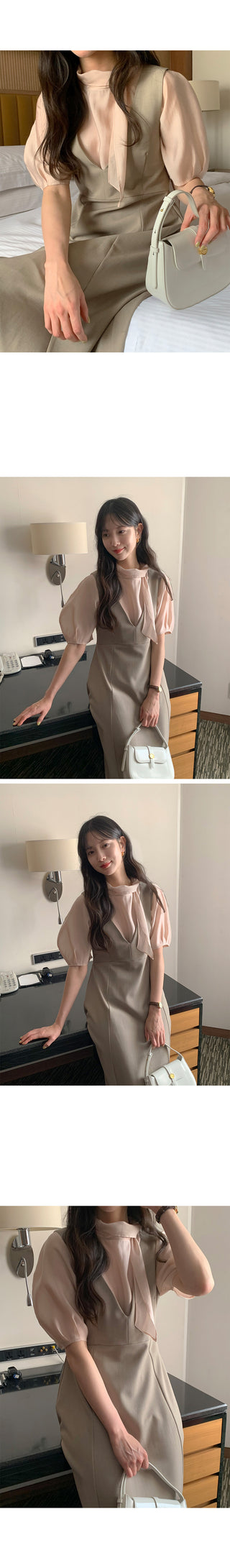 Short-sleeved blouse with puff tie