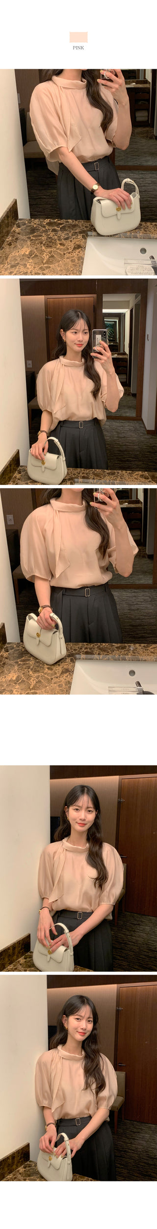 Short-sleeved blouse with puff tie