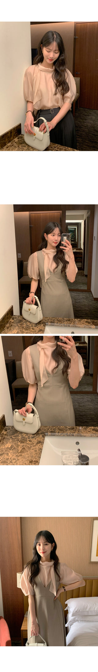 Short-sleeved blouse with puff tie